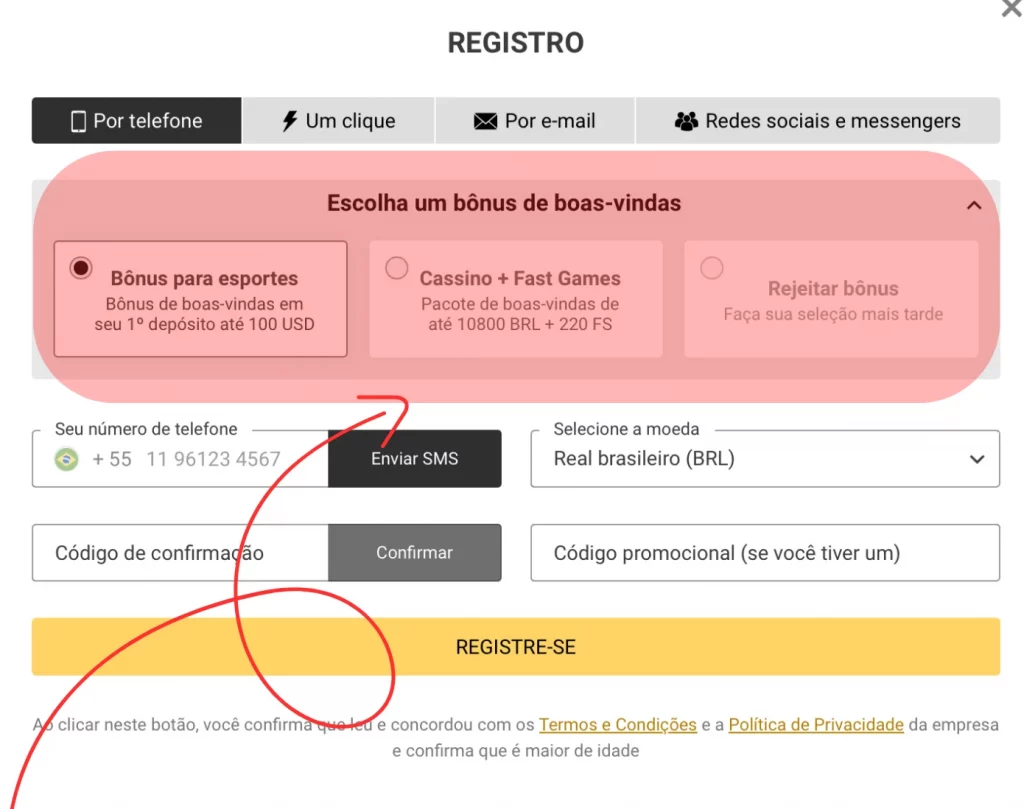 Escolhendo um bônus de boas-vindas para apostas esportivas durante o registro no site MelBet