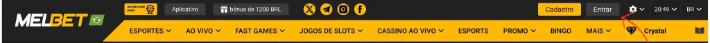 O botão de login no site MelBet está localizado no canto superior direito da página inicial