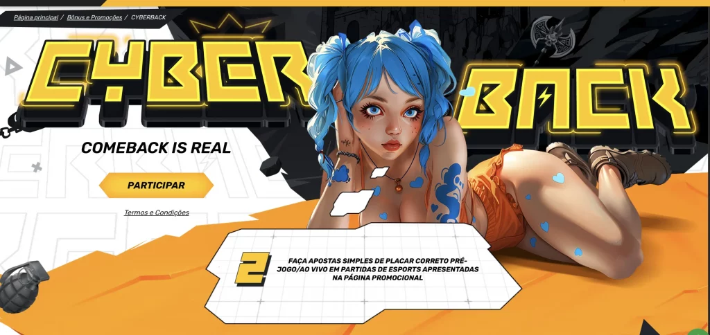 Página da promoção CyberBack da MelBet, destacando apostas em partidas de eSports com bônus especiais