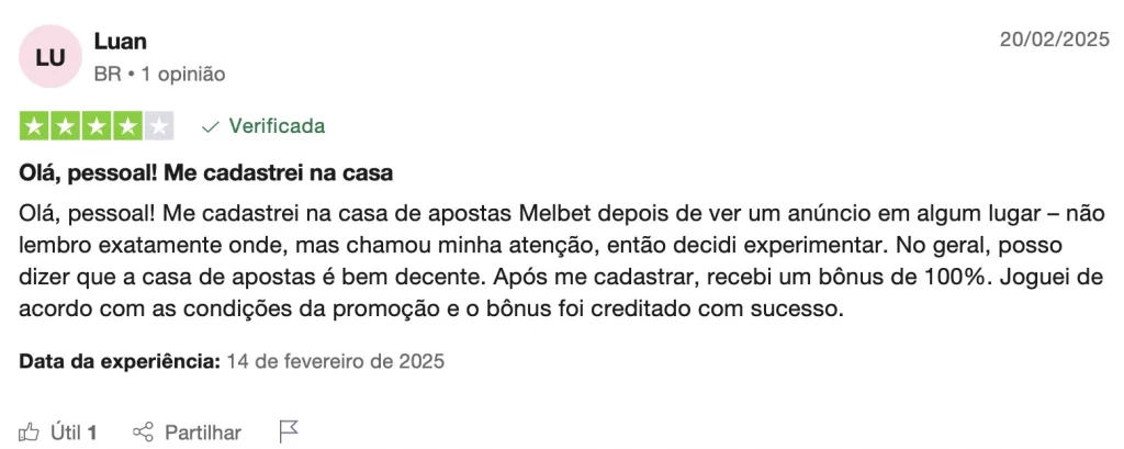 Avaliação destacando a confiabilidade da Melbet e a experiência do usuário com bônus de boas-vindas