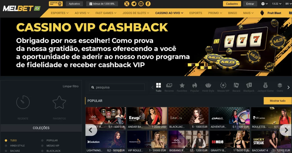 Cassino Melbet: Programa VIP Cashback e Jogos Populares ao Vivo