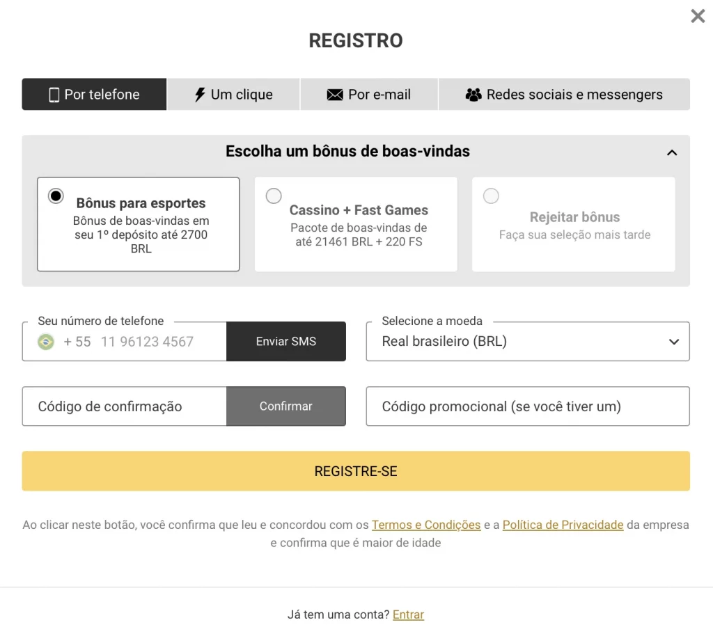 Formulário de Registro Melbet com opções de bônus de boas-vindas e verificação por telefone