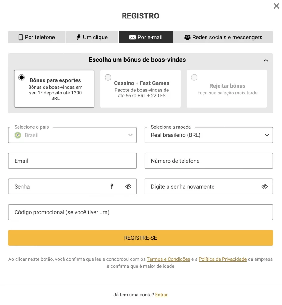 Tela de registro na Melbet com opção de cadastro por telefone envio de SMS para confirmação escolha de bônus e seleção de moeda