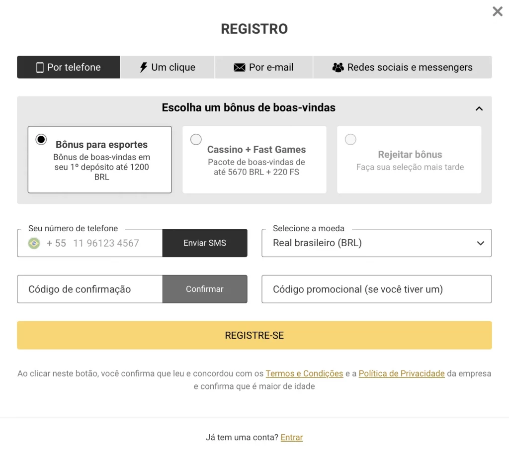 Tela de registro na Melbet com opção de cadastro em um clique escolha de bônus de boas-vindas e seleção de moeda e país