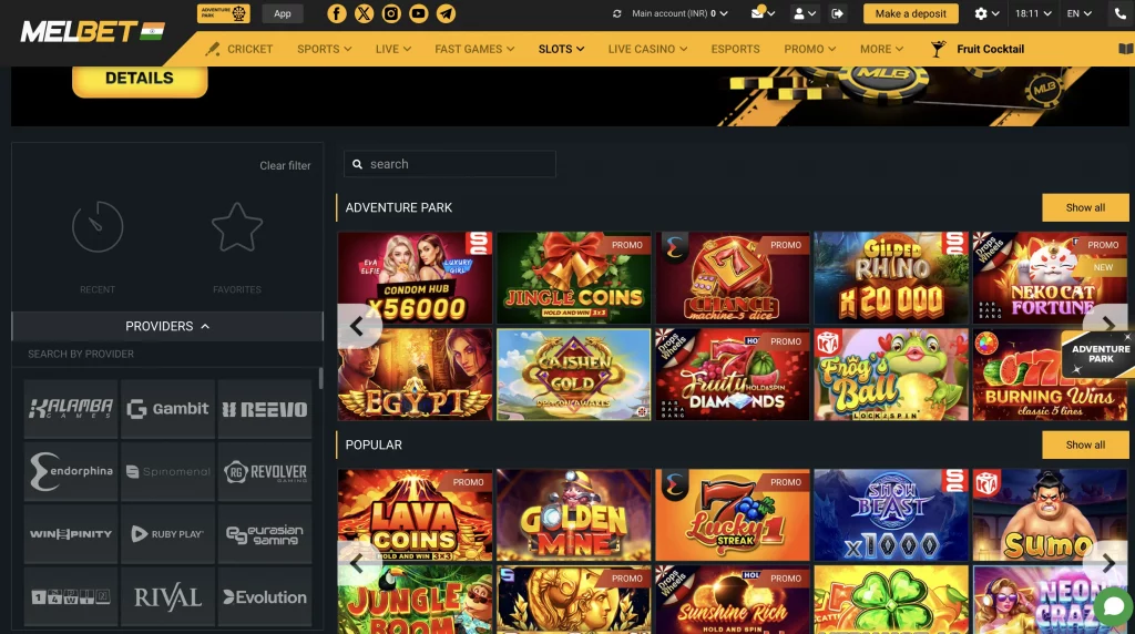 Game categories on the casino site Melbet