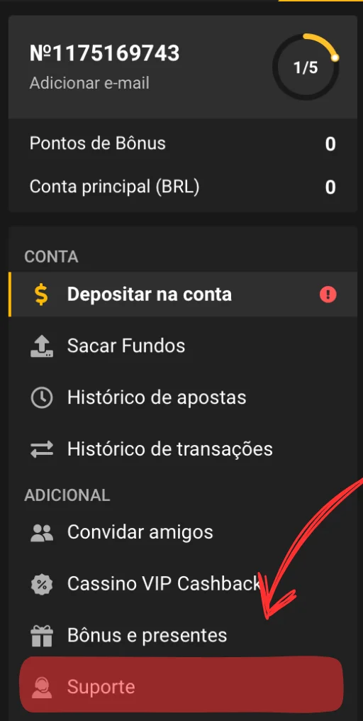 Seção de suporte no aplicativo MelBet, localizada no final da página do menu