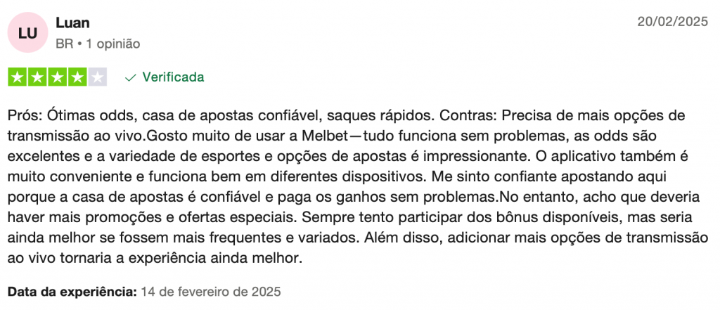 Usuário solicita mais promoções no site da MelBet, elogiando a confiabilidade e a variedade de apostas